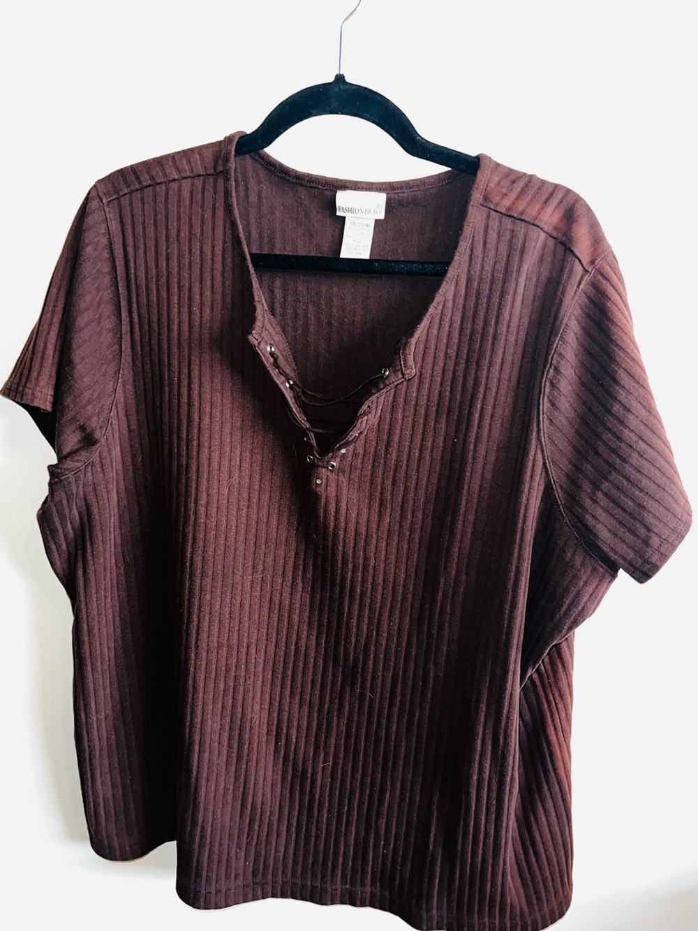 Fashion Bug Ribbed Lace-Up Short Sleeve Top - Brown